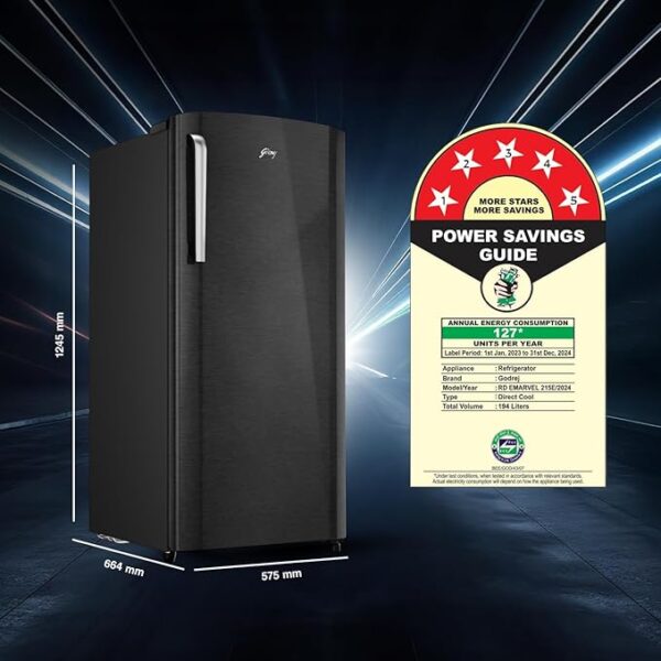 Godrej 194 L 5 Star Turbo Cooling Technology Ensuring Faster Cooling Direct Cool Single Door Refrigerator With Advanced Inverter Technology (RD EMARVEL 215E THI FS ST, Fossil Steel) - Image 3