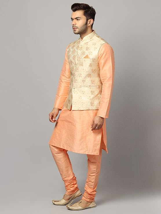Ethluxis® Men's Silk Blend Kurta Churidar Pyjama with Ethnic Bundi Jacket Set - Image 6