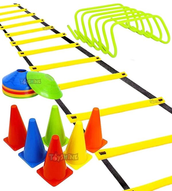 Toyshine Fitness Combo - 6 pc Hurdles, 6 pc Stacking Cones, 10 Pc Space Markers and 1 Pc Agility Ladder ((SSTP)