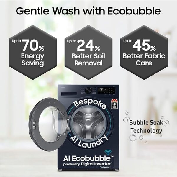 Samsung 12 kg, 5 Star, Super Speed, Wi-Fi, Hygiene Steam with Inbuilt Heater, Digital Inverter, Fully-Automatic Front Load Washing Machine (WW12DG5B24ABTL, Black) - Image 5