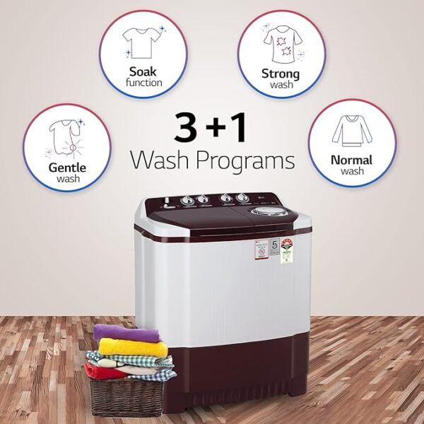 LG 8.5 kg 5 Star Semi-Automatic Top Load Washing Machine (P8530SRAZ, Burgundy, Roller Jet Pulsator) - Image 5