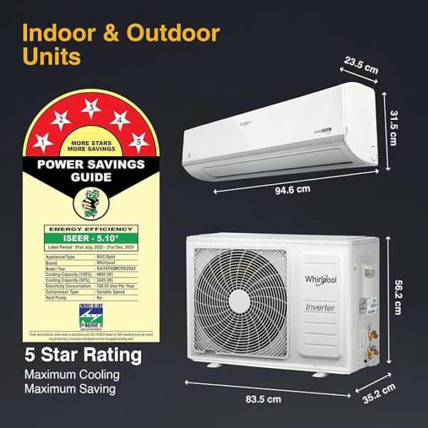 Whirlpool 1.5 Ton 5 Star, Magicool Inverter Split AC (MAGICOOL 15T 5S INV CNV S5K2PP0, Copper, Convertible 4-in-1 Cooling Mode, HD Filter White) - Image 3