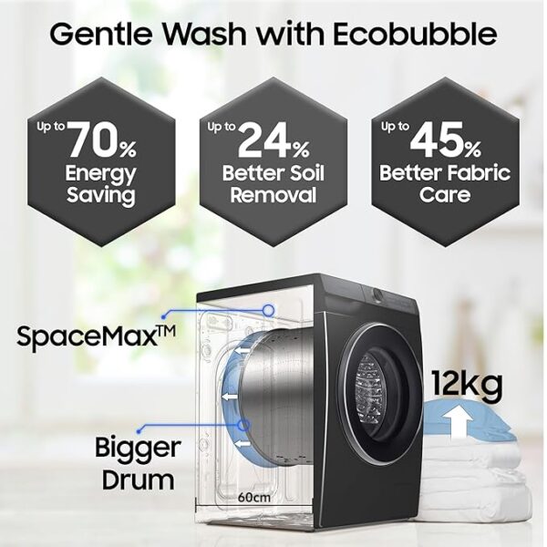Samsung 12 kg, 5 Star, AI Control, Super Speed, Wi-Fi, Hygiene Steam with Inbuilt Heater, Digital Inverter, Fully-Automatic Front Load Washing Machine (WW12DB7B24GBTL, Black) - Image 5
