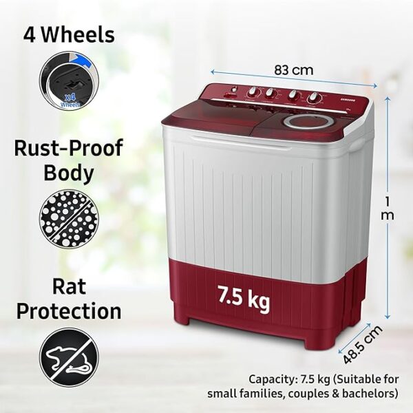 Samsung 7.5 Kg Inverter 5 Star Semi Automatic Top Load Washing Machine (WT75B3200RR/TL, Light Grey & Red Base, Air turbo drying) - Image 3