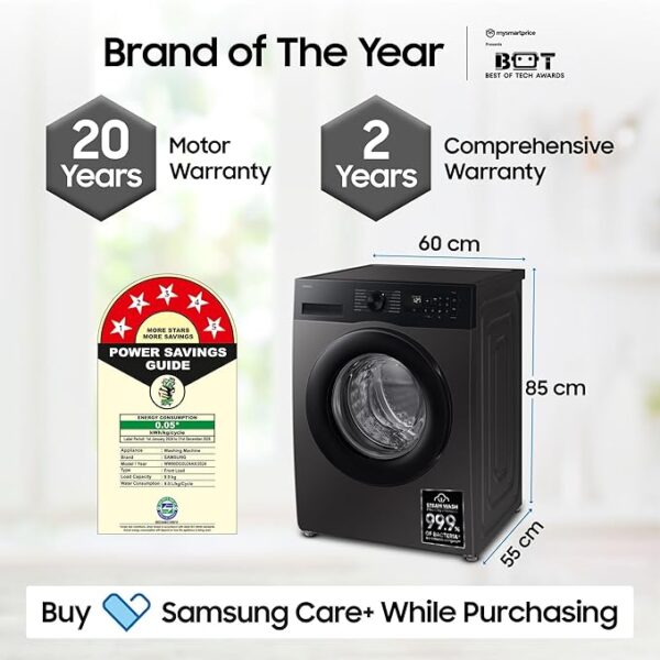 Samsung 9 kg, 5 star, AI EcoBubble, Super Speed, Wi-Fi, Hygiene Steam with Inbuilt Heater, Digital Inverter, Fully-Automatic Front Load Washing Machine (WW90DG5U24AXTL, Inox) - Image 3