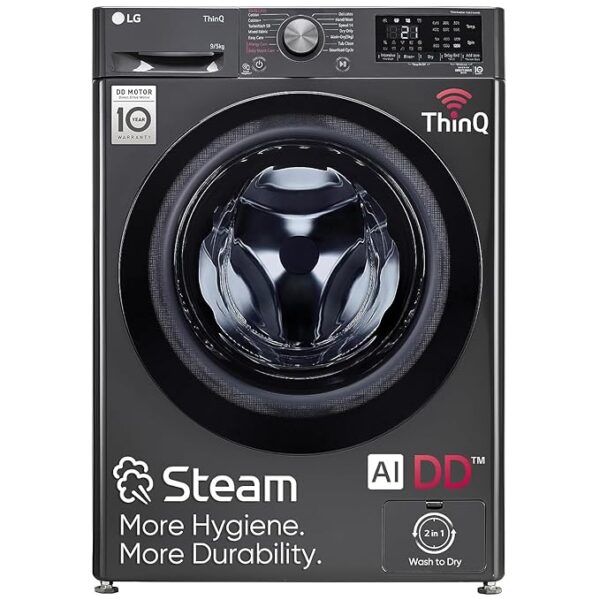 LG 9 Kg (Wash) / 5 Kg (Dry), Ai Direct Drive Technology, Steam, TurboWash & Wi-Fi Fully Automatic Front Load Washer Dryer (FHD0905SWM, Intelligent & Convenient Fabric Care, Allergy Care, Middle Black)