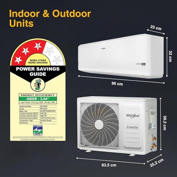 Whirlpool 2.0 Ton 3 Star, Supremecool Inverter Split AC (SUPREMECOOL 20T 3S INV EXP S5N3PB0, Copper, Convertible 4-in-1 Cooling Mode, HD Filter White) - Image 4