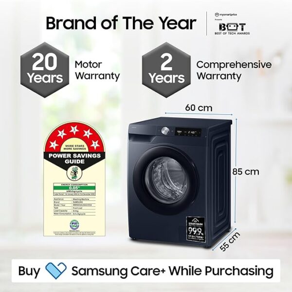 Samsung 9 kg, 5 Star, AI Control, AI Ecobubble, Super Speed, Wi-Fi, Hygiene Steam with Inbuilt Heater, Digital Inverter, Fully-Automatic Front Load Washing Machine (WW90DG6U24ASTL, NAVY) - Image 3