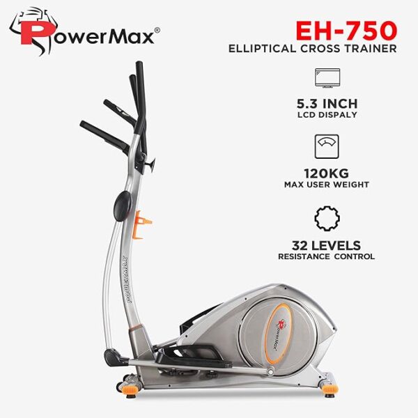 PowerMax Fitness® EH-750 Elliptical Cross Trainer Home Gym Workout Machine Water Bottle Cage, LCD Display, Max User Weight 120kg,Heart Rate Sensor, Anti Slip Pedal & 32 Level Resistance Silver - Image 4