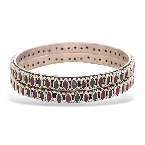 PEEN ZONE WE DELIVER THE ACTUAL JEWELRY Peenzone 92.5-925 Sterling Silver Marquise Shape Ruby Emerald Cup Setting Bangle Set for Women Girls Festival Wedding Anniversary