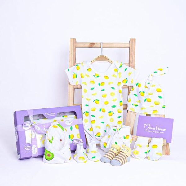 MOM'S HOME Organic Cotton Baby Essentials Gift Set | Baby Shower Gift Hamper | Baby Clothing Gift Combo | Lemon | Pack of 7 - Image 2