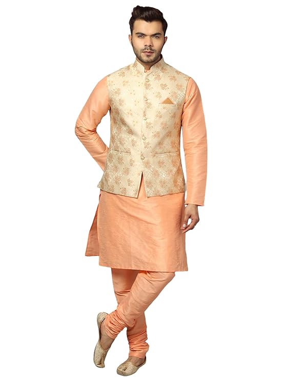 Ethluxis® Men's Silk Blend Kurta Churidar Pyjama with Ethnic Bundi Jacket Set