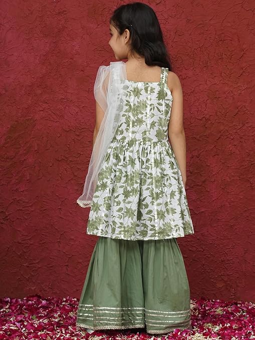 AJ DEZINES Kids Cotton Sleeveless Kurta Sharara with Dupatta Set for Girls - Ethnic Wear | Festival Wear - Floral Printed Pattern, Regular Fit - Image 2