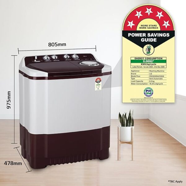 LG 8.5 kg 5 Star Semi-Automatic Top Load Washing Machine (P8530SRAZ, Burgundy, Roller Jet Pulsator) - Image 3