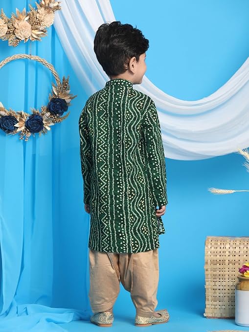 VASTRAMAY Boys' Blue and Rose Gold Kurta Patiala Set | Gold Bandhani And Foil Print Rayon Kurta With Pyjama for Navratri, Diwali & Festive Celebrations - Stylish and Comfortable Indian Outfit for Kids - Image 3