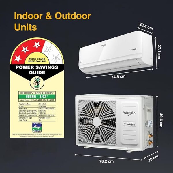 Whirlpool 1.0 Ton 3 Star, Magicool Inverter Split AC (MAGICOOL 10T 3S INV CNV S5K1PP0, Copper, Convertible 4-in-1 Cooling Mode, HD Filter White) - Image 3