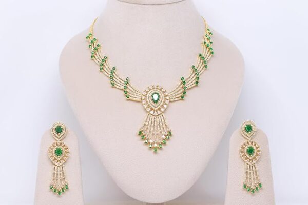 American Diamond Emerald and Pearl Studded Gold Jewellery Set, Necklace and Earrings - Image 4