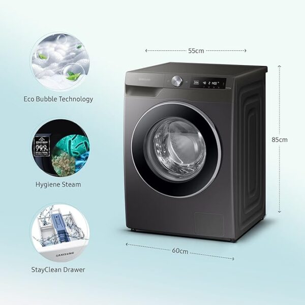 Samsung 9 kg, 5 Star, Eco Bubble Technology with Super Speed, AI Control, Wi-Fi, Digital Inverter Motor, Fully-Automatic Front Load Washing Machine Appliance (WW90T604DLN1TL, Hygiene Steam, Inox) - Image 2
