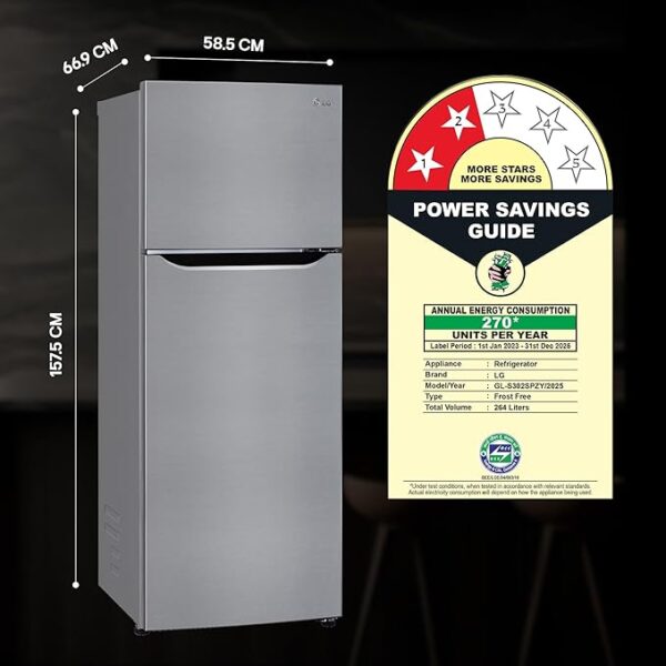 LG 264 L 2 Star Frost-Free Smart Inverter Double Door Refrigerator (GL-S302SPZY, Shiny Steel, Convertible, Smart Connect & Multi Air Flow) - Image 3