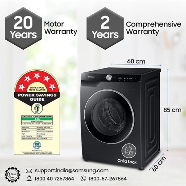 Samsung 11 kg, AI Control, Super Speed, Wi-Fi, Hygiene Steam with Inbuilt Heater, Digital Inverter, Fully-Automatic Front Load Washing Machine (WW11CG604DLBTL, BLACK CAVIAR) - Image 3