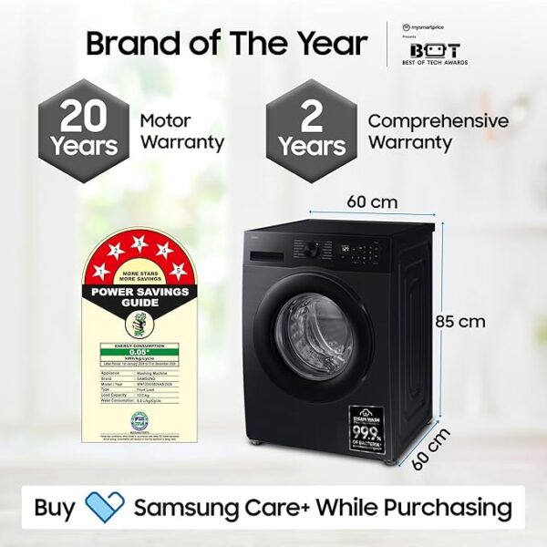 Samsung 12 kg, 5 Star, Super Speed, Wi-Fi, Hygiene Steam with Inbuilt Heater, Digital Inverter, Fully-Automatic Front Load Washing Machine (WW12DG5B24ABTL, Black) - Image 3