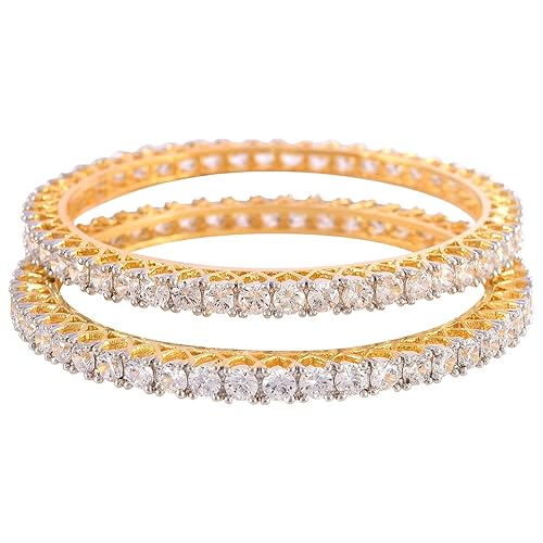 Ratnavali Jewels American Diamond Gold Plated Traditional Bangle CZ Bangle Set White Diamond Bangles Set for Women/Girls RV785 - Image 3