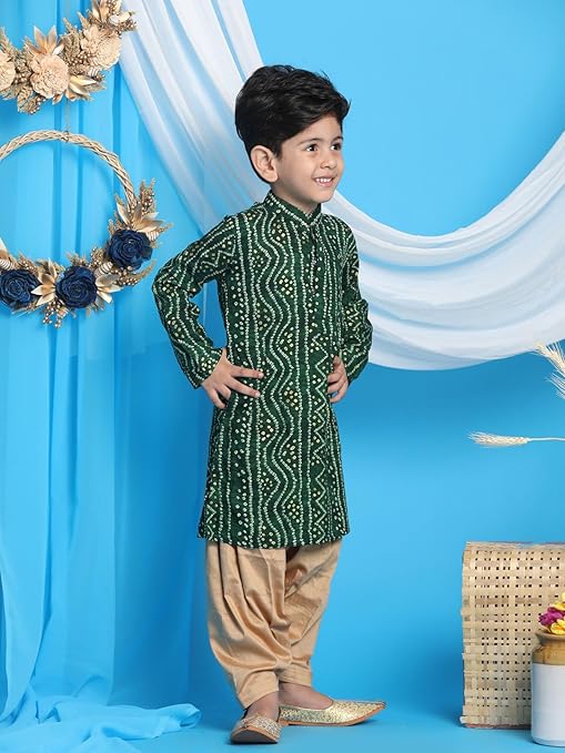 VASTRAMAY Boys' Blue and Rose Gold Kurta Patiala Set | Gold Bandhani And Foil Print Rayon Kurta With Pyjama for Navratri, Diwali & Festive Celebrations - Stylish and Comfortable Indian Outfit for Kids - Image 2