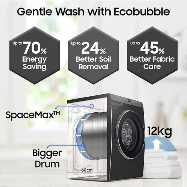 Samsung 12 kg, 5 Star, AI Control, Super Speed, Wi-Fi, Hygiene Steam with Inbuilt Heater, Digital Inverter, Fully-Automatic Front Load Washing Machine (WW12DB8B54GBTL, Black) - Image 5