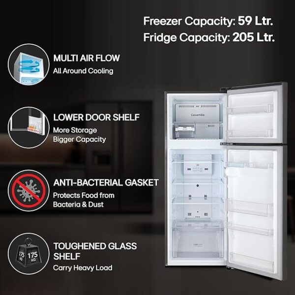 LG 264 L 2 Star Frost-Free Smart Inverter Double Door Refrigerator (GL-S302SPZY, Shiny Steel, Convertible, Smart Connect & Multi Air Flow) - Image 5