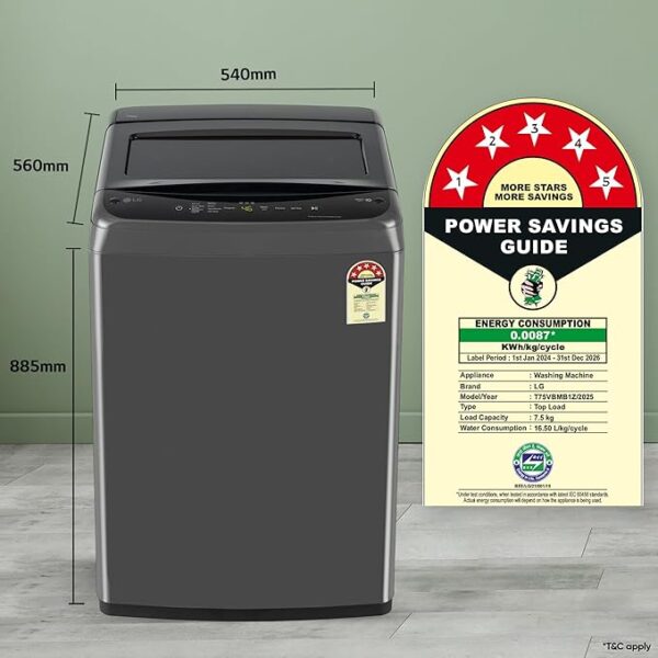 LG 7.5 Kg 5 Star Smart Inverter Technology Fully Automatic Top Load Washing Machine (T75VBMB1Z, Auto Prewash, Turbodrum, Stainless Steel drum, LED Display, Smart Diagnosis, Middle Black) - Image 3