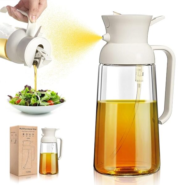 2 in 1 Oil Sprayer for Cooking, Glass Olive Oil Dispenser for Kitchen, 18oz/550ml Olive Oil Sprayer Bottle, Essential Kitchen Gadgets for Air Fryer, Salad, Baking, BBQ, Frying(White)