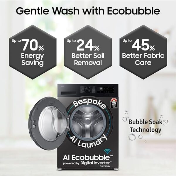 Samsung 9 kg, 5 star, AI EcoBubble, Super Speed, Wi-Fi, Hygiene Steam with Inbuilt Heater, Digital Inverter, Fully-Automatic Front Load Washing Machine (WW90DG5U24AXTL, Inox) - Image 5