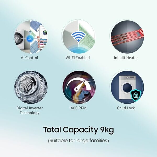 Samsung 9 kg, 5 Star, Eco Bubble Technology with Super Speed, AI Control, Wi-Fi, Digital Inverter Motor, Fully-Automatic Front Load Washing Machine Appliance (WW90T604DLN1TL, Hygiene Steam, Inox) - Image 3