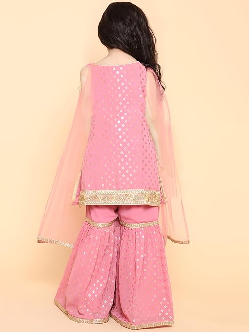 AJ DEZINES Kids Georgette Sleeveless Kurta Sharara Set for Girls - Ethnic Wear | Festival Wear - Foil Printed Pattern, Regular Fit - Image 4