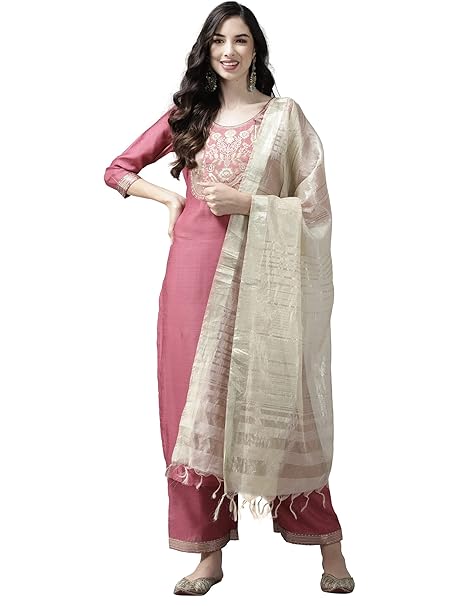 INDO ERA Women's Cotton Blend Yoke Design Straight Kurta Pant with Dupatta Set