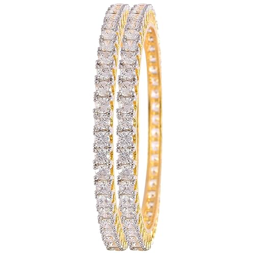 Ratnavali Jewels American Diamond Gold Plated Traditional Bangle CZ Bangle Set White Diamond Bangles Set for Women/Girls RV785 - Image 6
