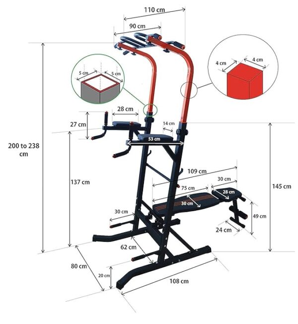 DOLPHY Steel Multi Function Power Tower Dip Station Adjustable Height Pull Up Bar Standing Tower for Home and Gym (Black, Red) - Image 5