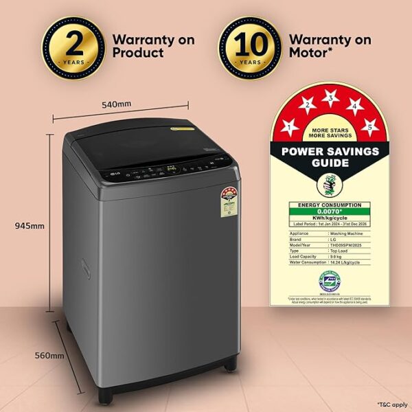 LG 9.0 Kg, 5 Star, AI Direct Drive Technology, Steam Wash for Allergy Removal, Fully-Automatic Top Loading Washing Machine (THD09SPM, Middle Black, More Fabric Care & Convenience, In-Built Heater) - Image 2