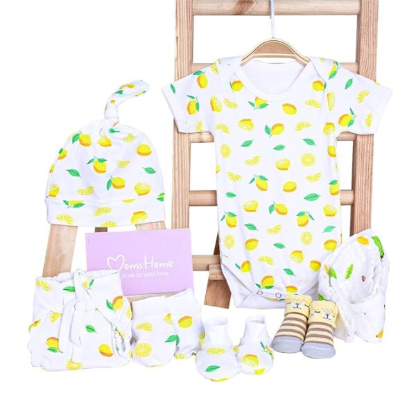 MOM'S HOME Organic Cotton Baby Essentials Gift Set | Baby Shower Gift Hamper | Baby Clothing Gift Combo | Lemon | Pack of 7