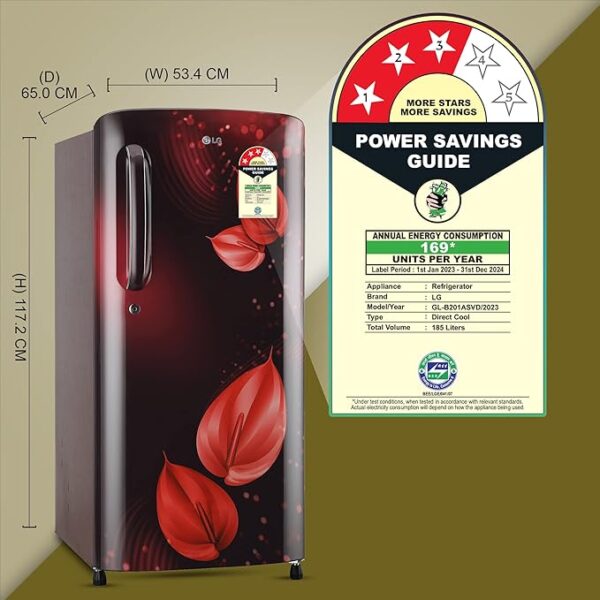 LG 185 L 3 Star Direct-Cool Single Door Refrigerator (GL-B201ASVD, Scarlet Victoria, Moist 'N' Fresh, Gross Volume- 190 L) - Image 4