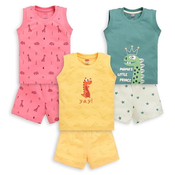 LuvLap Baby Boys 100% Cotton Sleeveless Boys Tank Top & Shorts Sets Pack Of 3, Rosette, Winter Green, Sunflower, XL (12 to 18 Months)