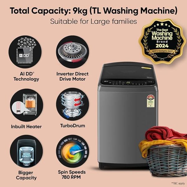 LG 9.0 Kg, 5 Star, AI Direct Drive Technology, Steam Wash for Allergy Removal, Fully-Automatic Top Loading Washing Machine (THD09SPM, Middle Black, More Fabric Care & Convenience, In-Built Heater) - Image 3