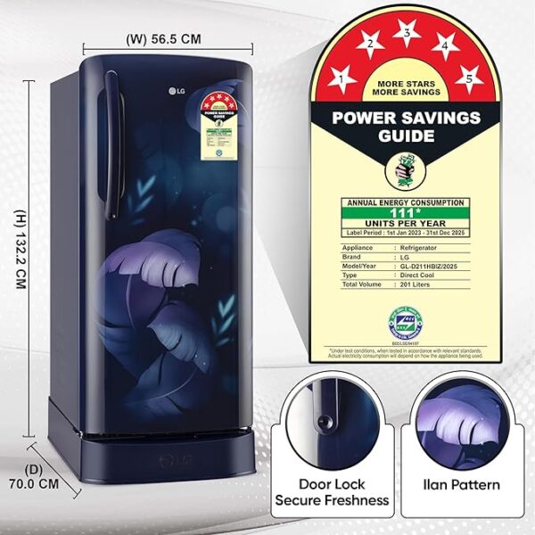 LG 201 L 5 Star Direct Cool Smart Inverter Compressor Single Door Refrigerator (GL-D211HBIZ, Blue ILAN, Fast Ice Making, Auto Smart Connect with Base Stand Drawer) - Image 4