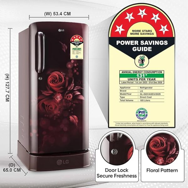 LG 185 L 5 Star Inverter Direct-Cool Single Door Refrigerator (GL-D201ASEU, Scarlet Euphoria, Base stand with drawer) - Image 4