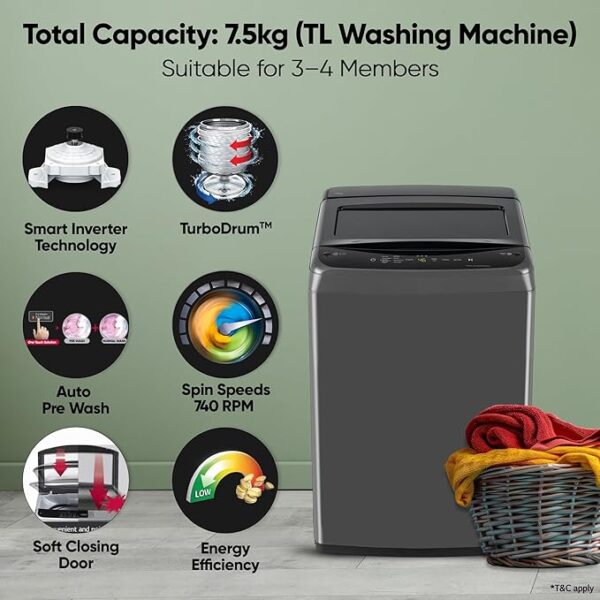 LG 7.5 Kg 5 Star Smart Inverter Technology Fully Automatic Top Load Washing Machine (T75VBMB1Z, Auto Prewash, Turbodrum, Stainless Steel drum, LED Display, Smart Diagnosis, Middle Black) - Image 4