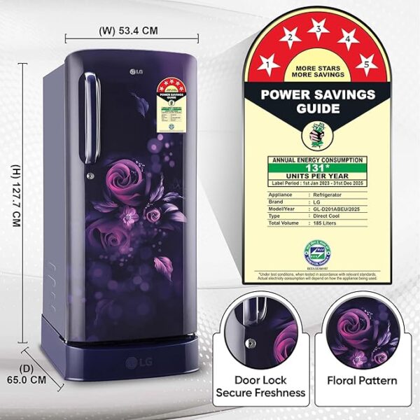 LG 185 L 5 Star Inverter Direct-Cool Single Door Refrigerator (GL-D201ABEU, Blue Euphoria, Base stand with drawer) - Image 4