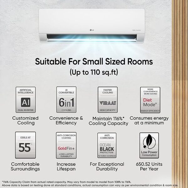 LG 1 Ton 3 Star DUAL Inverter Split AC (Copper, AI Convertible 6-in-1 Cooling, Faster Cooling & Energy Saving, 2 Way Air Swing, HD Filter with Anti-Virus Protection, US-Q12CNXE, White) - Image 3