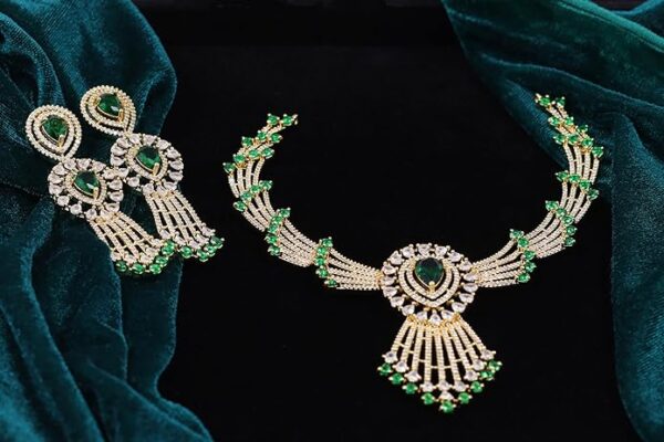 American Diamond Emerald and Pearl Studded Gold Jewellery Set, Necklace and Earrings - Image 3