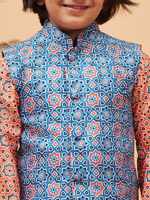 VASTRAMAY Boys' Blue Nehru Jacket | Classic & Elegant Sleeveless Moroccan Pattern Printed Silk Blend Jacket for boys - Navratri Special Traditional Ethnic Waistcoat - Perfect for Festivals, Weddings - Image 5
