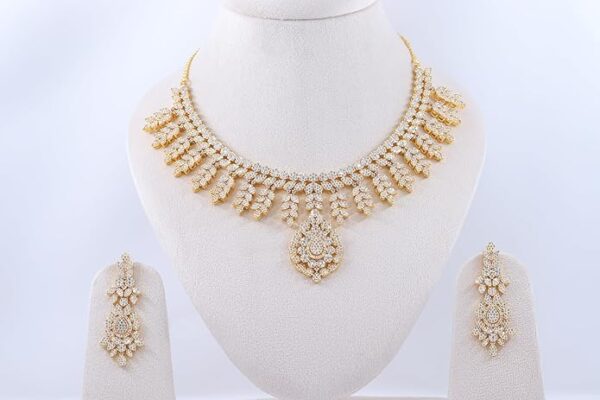 Women American Diamond Gold Leaf Shaped Necklace Set with Earrings - Image 4